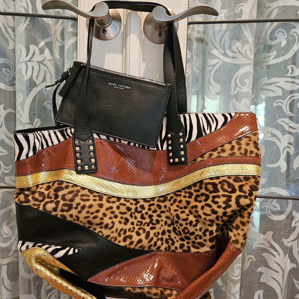 Marc Jacobs Metallic Calfskin Embossed Ponyhair Patchwork Tote w/Blk Coin Purse